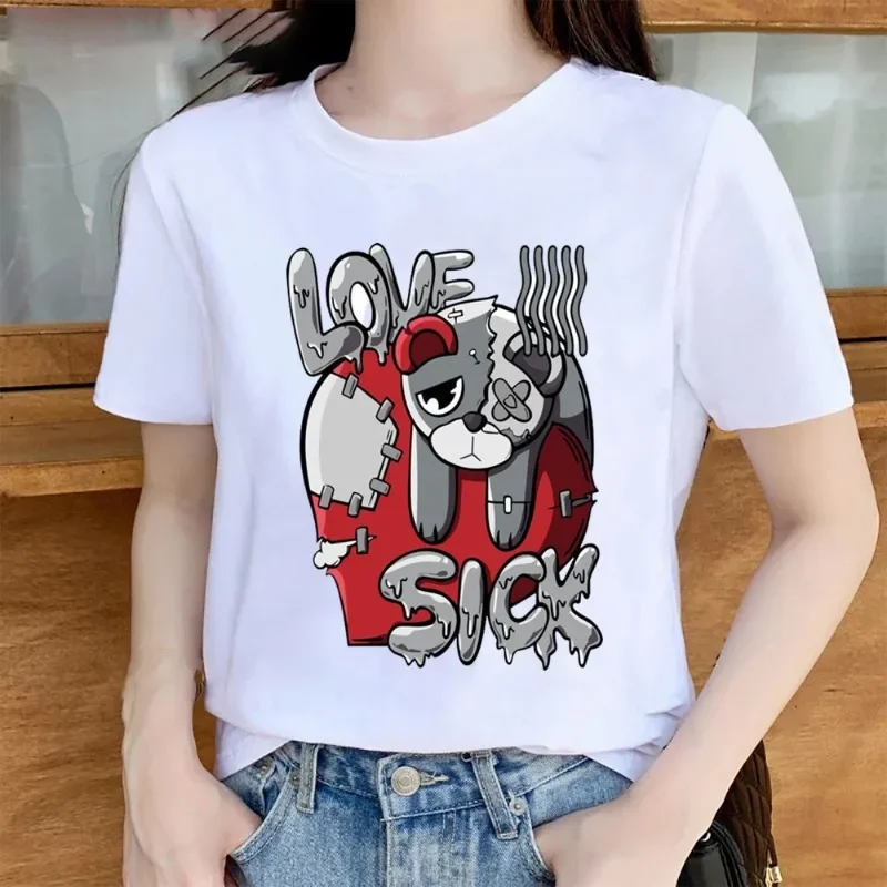 Explosive Korean Version of Instagram Bear Print Short-sleeved Loose T-shirt Blouse White Minority T-shirt Harajuku  Graphic