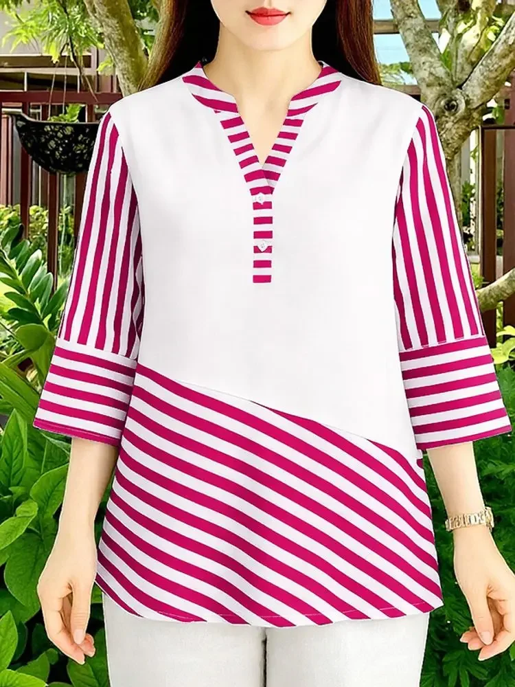 2025 elegante decote em v camisa de escritório zanzea feminino verão retalhos blusa listra blusas casuais 3/4 manga botões até topos oversize