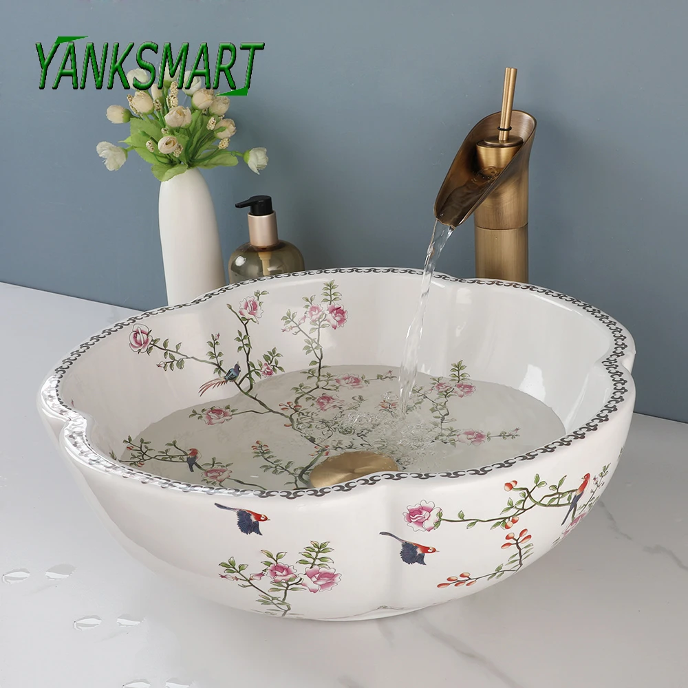 

YANKSMART Art Ceramic Flower Bird Bathroom Basin Sink Set Waterfall Antique Brass Faucet Wasbasin Mixer Tap W/ Pop Up Drain