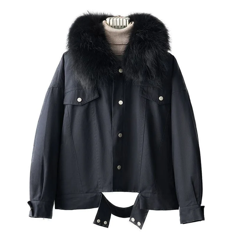 2025 الخريف والشتاء جديد الراكون الفراء طوق معطف الفرو حجم كبير المرأة أرنب الفراء الداخلية بطانة فطيرة للتغلب