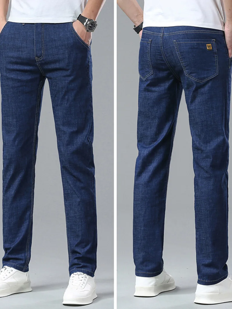 Calça jeans comercial, azul-escura, masculina, leve e versátil, estilo clássico, fina, casual, nova, primavera, verão