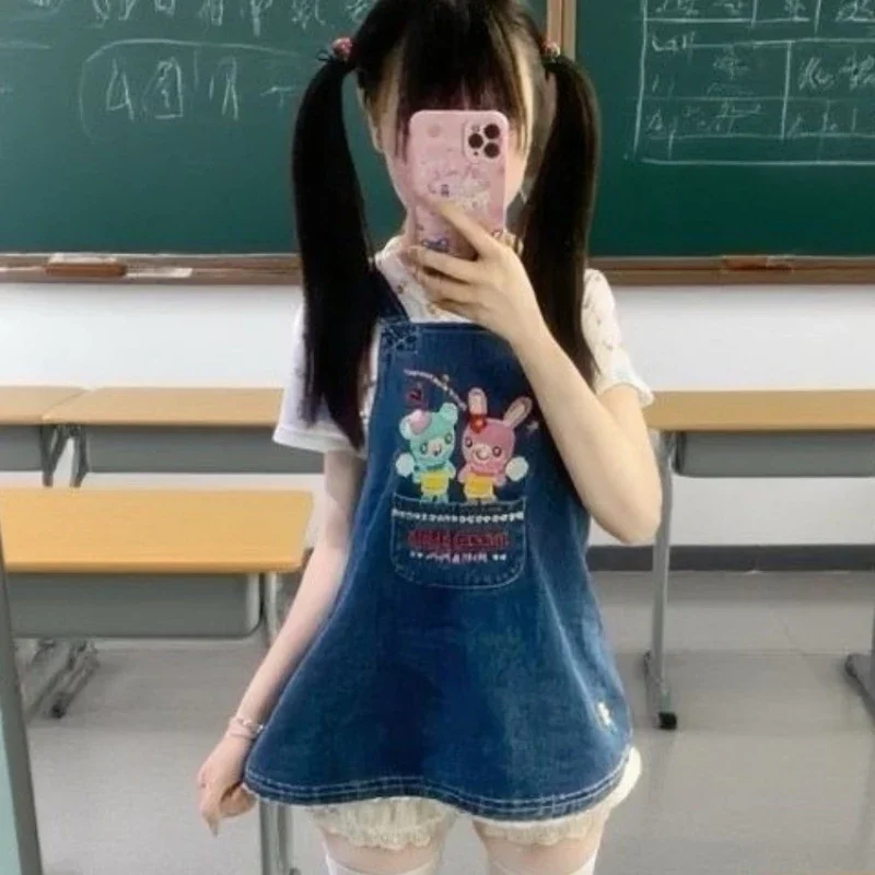 Robe brodée de dessin animé japonais pour femmes, Vintage, Denim, dentelle, Patchwork, Y2k, poche esthétique, Grunge, Mini, 2025