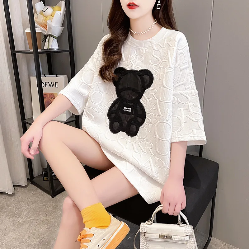 Summer Women Short Sleeve Oversized T Shirts Kawaii Cartoon Bear Print Women T-shirt Loose O-Neck Letters Tops for Women