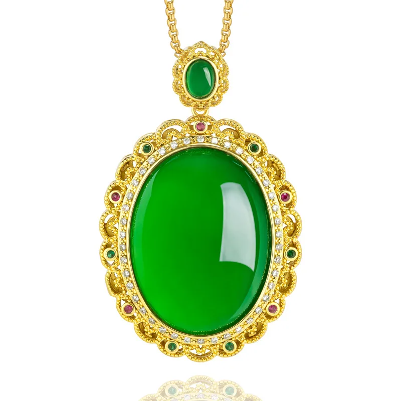 

Genuine natural green agate egg surface oval copper gold-plated with ice jade pendant women's necklace fashionable atmosphere
