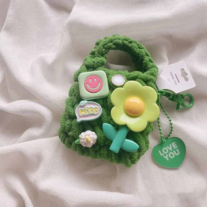 Cute Flower Crochet Small Bag Keychain Creative Earphone Storage Bag Pendant Korean Style Girls Coin Bag Knitting Keychains New