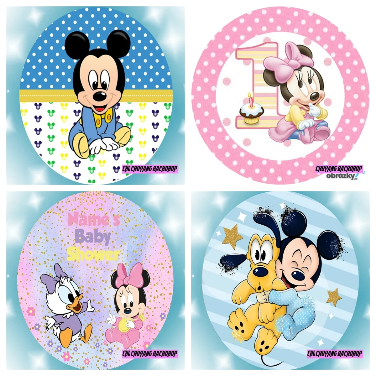 Disney Bule Minkey Minnie Mouse  Pink Baby Girl Birthday Backdrops Round Cover Party Background Decoration Wall Supplies Circle