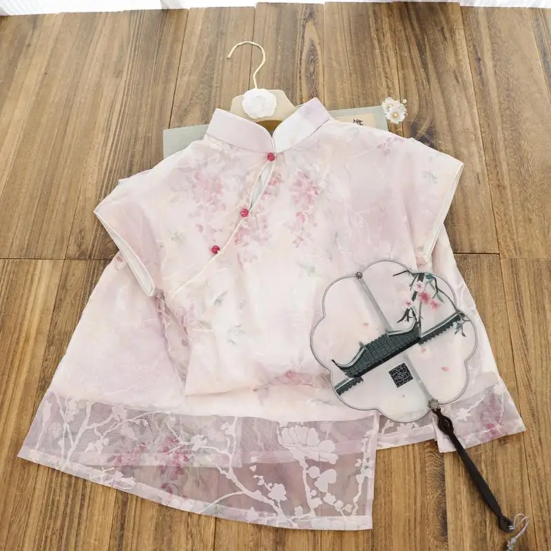 

Pink Improved Patchwork Qipao Women Elegant Chinese Style Dress Short Sleeve Chesongam Flower Print Vestidos Big Size 3Xl