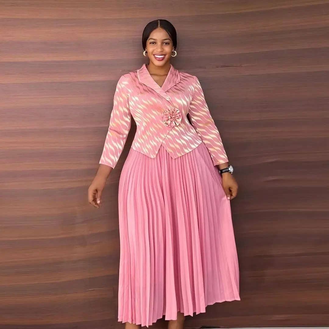 مياكي حجم كبير فستان مياكي مطوي مطوي تنورة طويلة الأكمام وهمية قطعتين ملابس العمل المنزلية اليومية أنيقة عالية المرونة سيدة سيدة أنيقة متعددة الاستخدامات #2