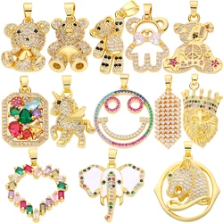 Juya 18K Real Gold Plated Micro Pave Zircon Creative Decoration Pendants Bear Tiger Horse Smile Crown Elephant Leopard Charms