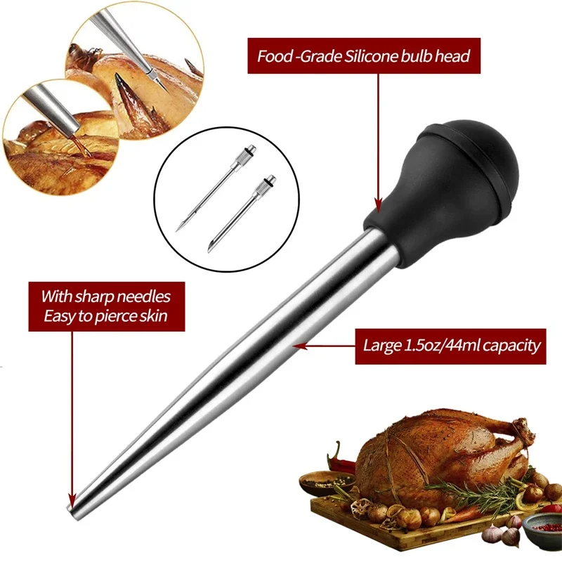 Stainless Steel Turkey Baster Syringe Set With Meat Injector Needles Cleaning Brush For Cooking Barbecue Marinating Poultry Beef