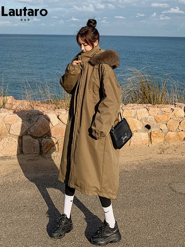 Lautaro Winter Long Brown Thickened Warm Faux Fur Parka with Hood Zip Up Loose Casual Korean Fashion with Faux Fur Inside 2023