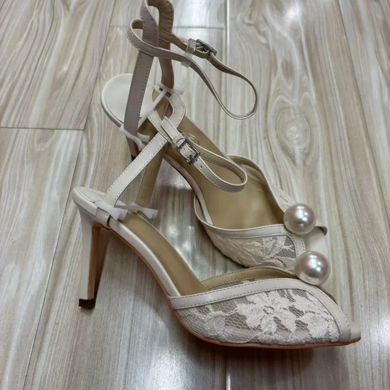 لؤلؤة اللمحة تو الدانتيل Slingback الصنادل مثير جولة اصبع القدم كعب رقيقة الوافدين الجدد أزياء النساء الأحذية الحديثة #2