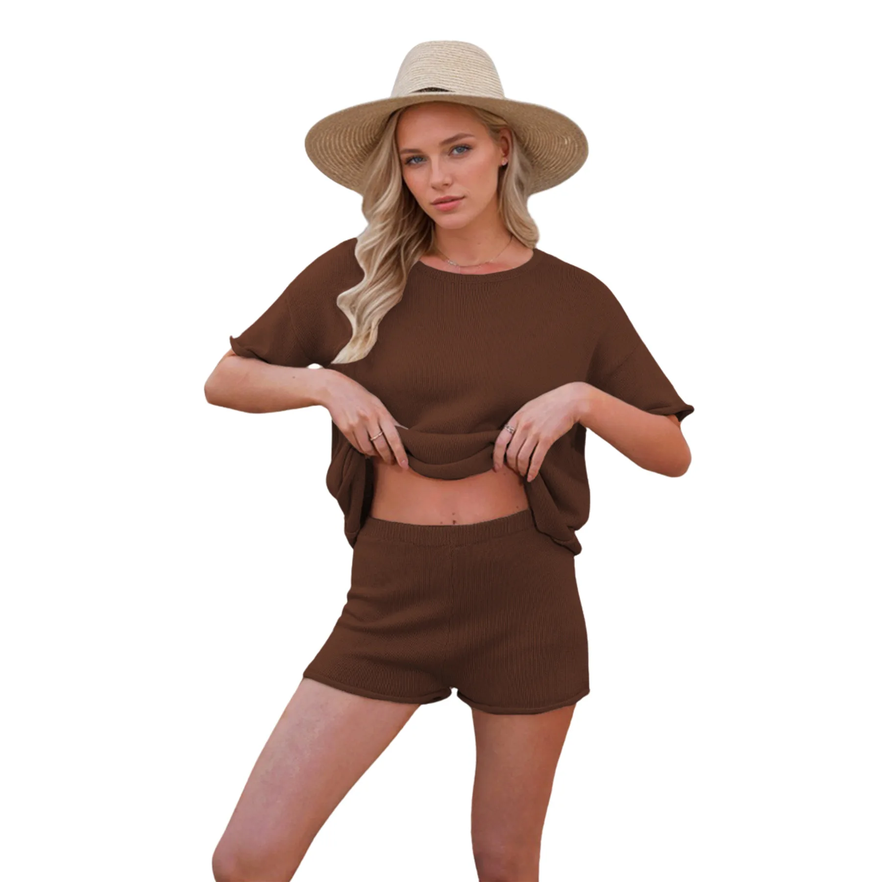 Einfarbiges gestricktes 2-teiliges Set Kurzarm-T-Shirt + Shorts 2025 neue Sommer-Damenbekleidung im kleinen Duftstil