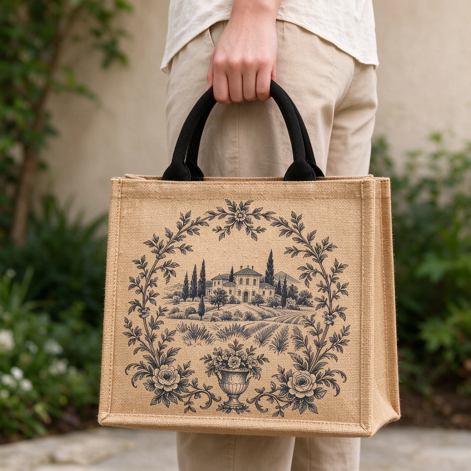 Vintage Floral Wreath Jute Tote Bag, French Country Manor House Print Reusable Shopping Bag for Women