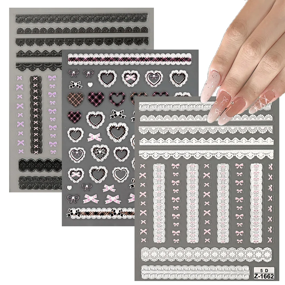 

Кружевной бант и кружево 5D тисненные наклейки для ногтей розовый черный ретро цветочный дизайн в виде сердца самоклеящиеся наклейки для дизайна ногтей для DIY