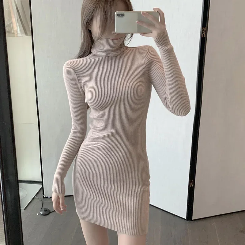 Xpqbb-Vestido de camisola de gola alta feminino, Mini vestido de malha, monocromático, magro, sexy, magro, curto, Bodycon, outono, inverno, novo