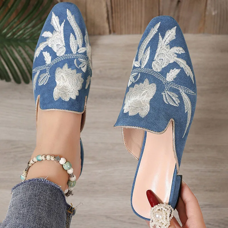

Phoentin Blue Embroidery Mules Women's Suede Slippers Chinese Style Retro Flower Design Low Heels Large Size FT4065