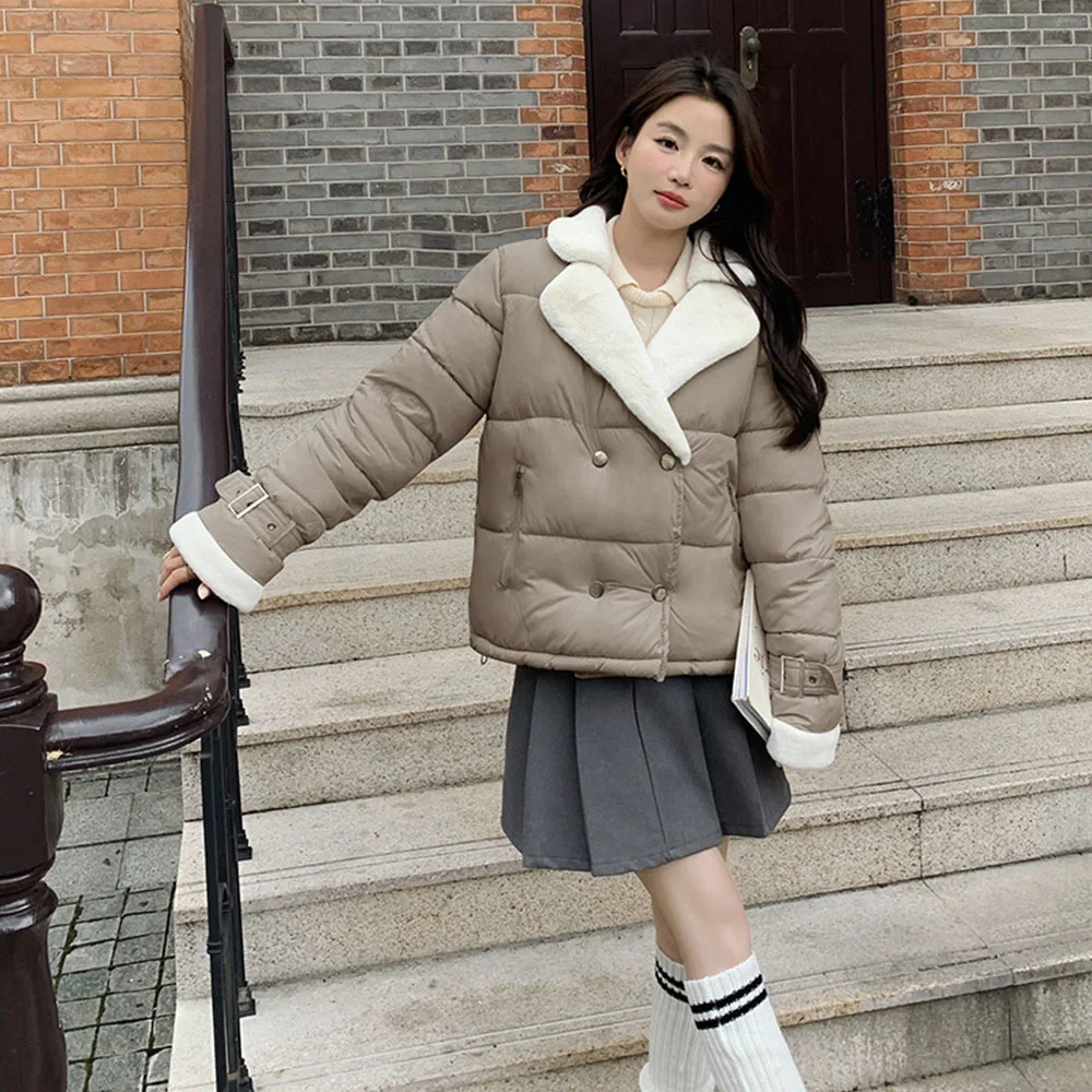 2024 Winter Lamb Wool Collar Parkas Women Thicken Cotton Jackets New Korean Short Bread Clothing Female Student Cotton Outerwear