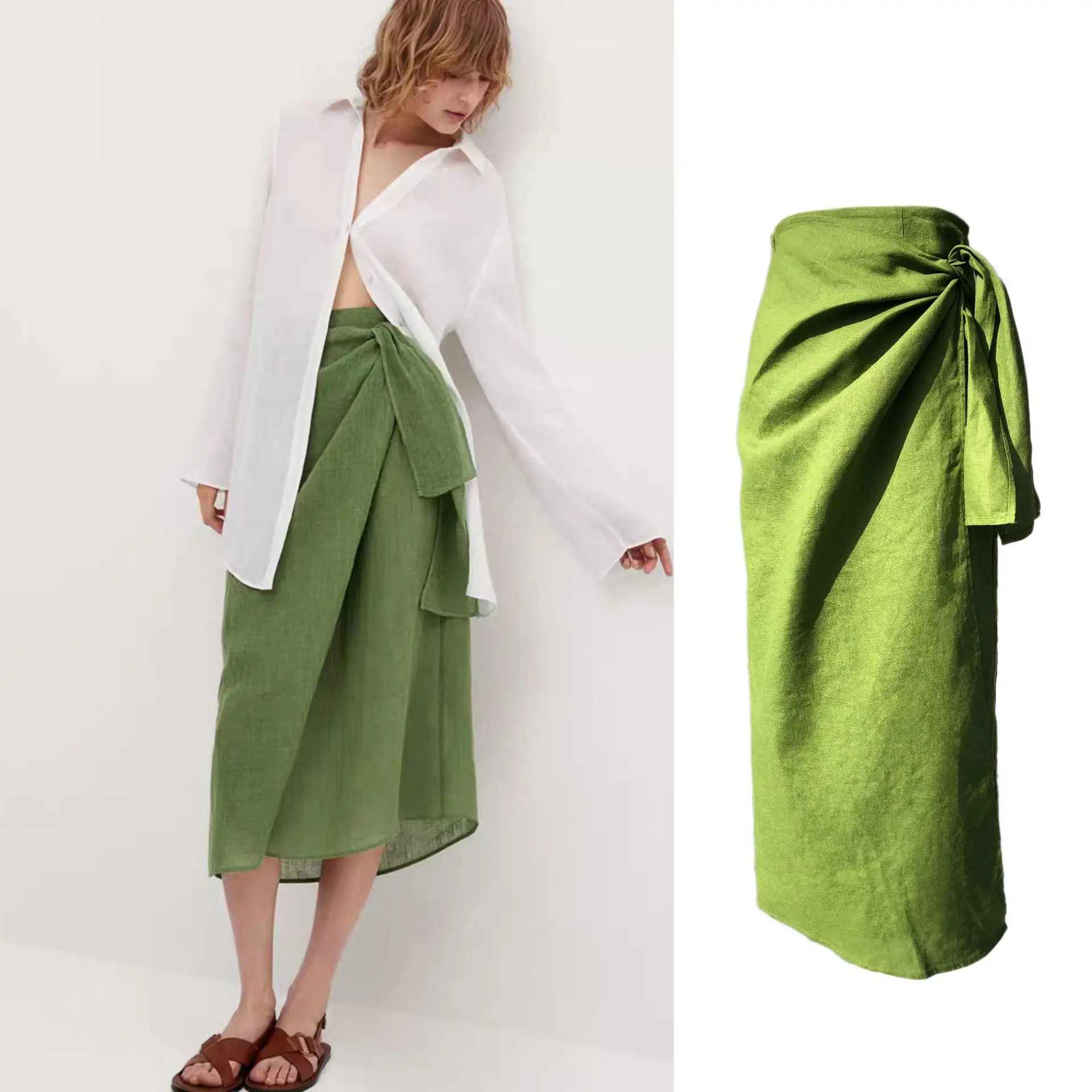 Green Linen South French Holiday Style Fresh Green Linen Wrap Skirt Bandage Skirts
