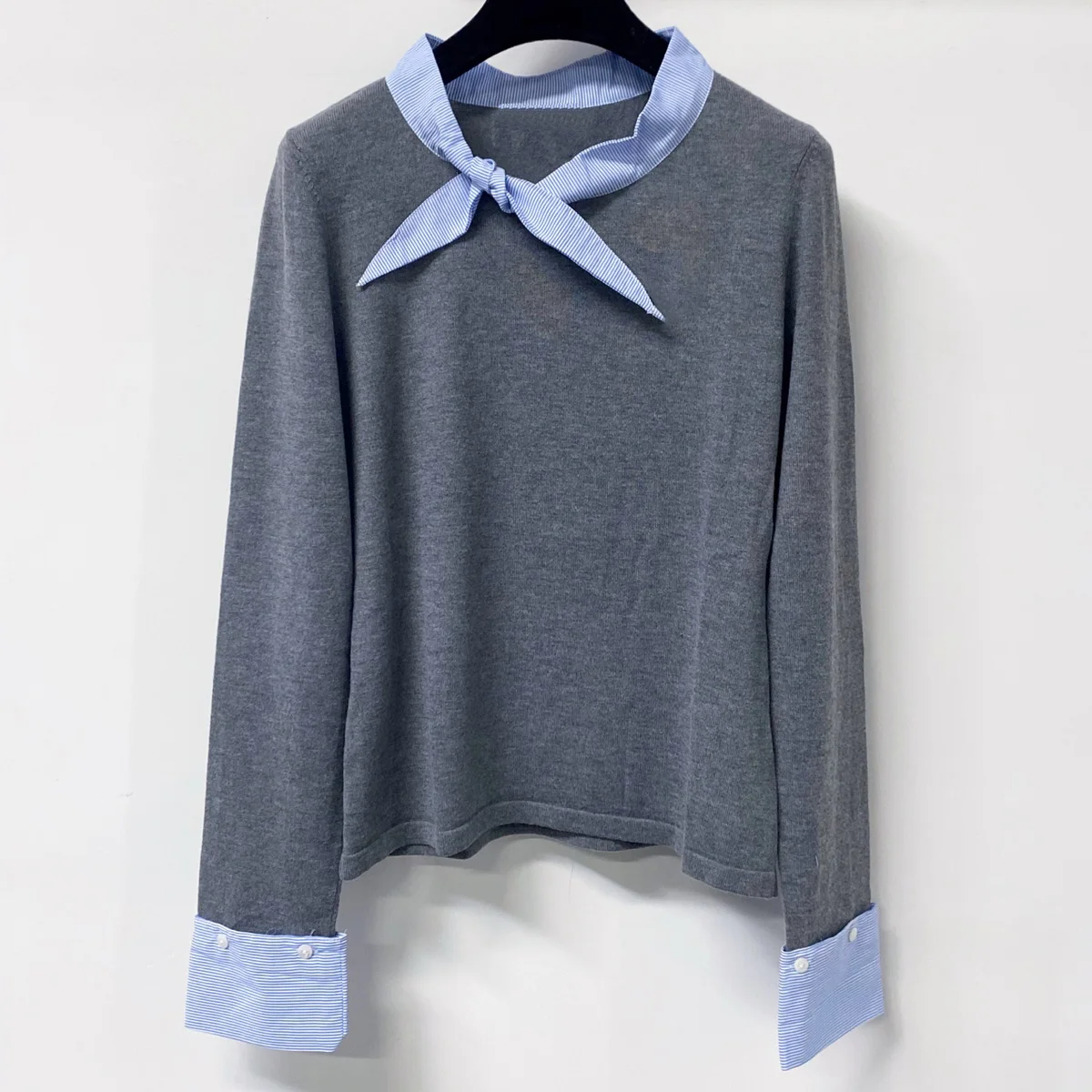High Quality Women Tie Neck Knit Top Striped Contrast Collar Cuff Long Sleeve Fitted Fake Two Piece Sweater lyt2672311 view 4