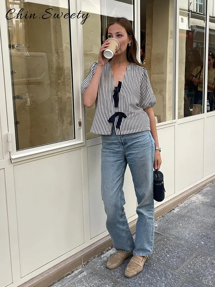 

Casual Bow Striped Short Shirts Women V-neck Puff Sleeve All-match Tops 2025 Summer Autumn Lady Chic Commute High Street Shirt