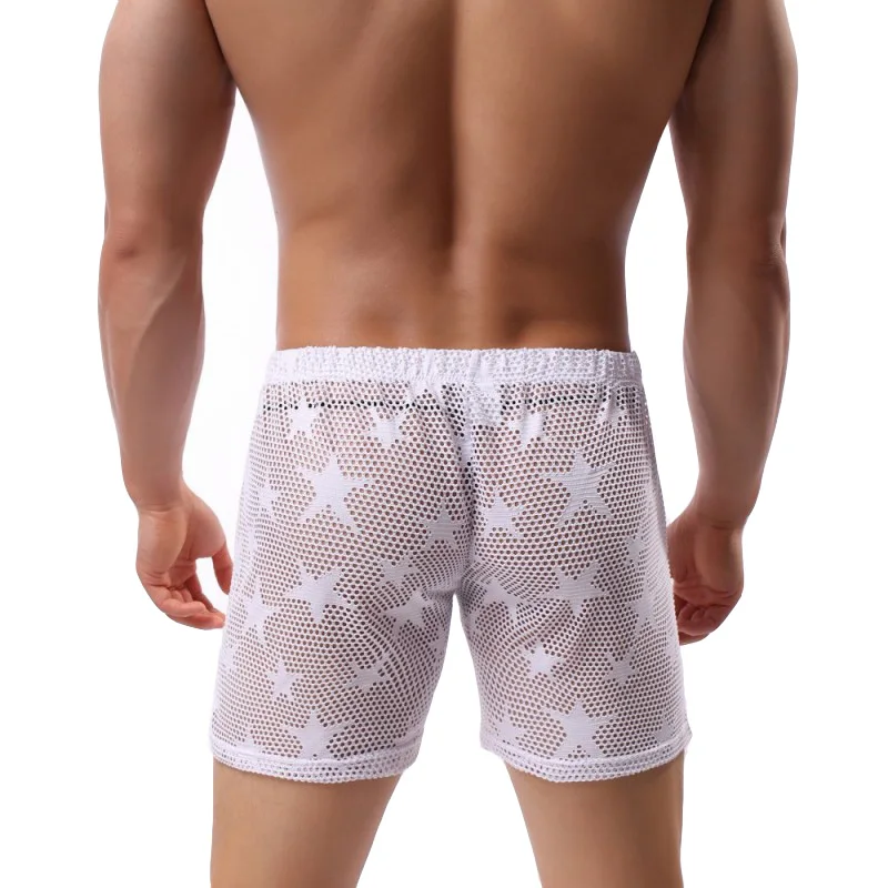 Pijama de malha respirável masculino, roupa íntima sexy, shorts, calças lounge, roupas de casa, ver através