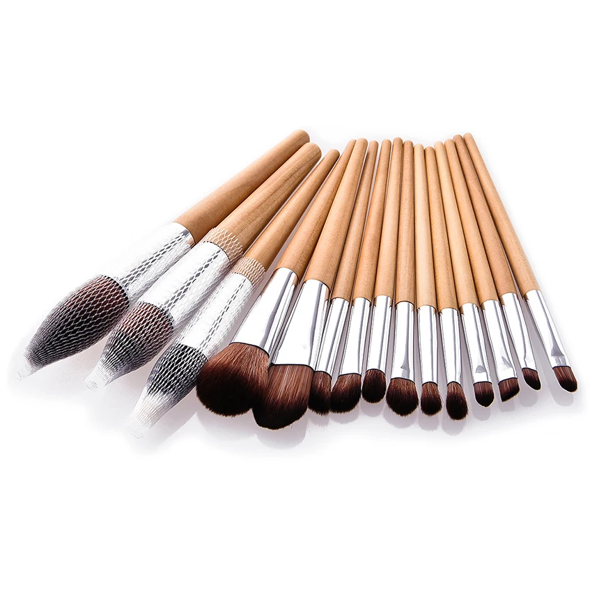 SAIANTTH – ensemble de pinceaux de maquillage en bois naturel, 15 pièces, tube argenté, poudre ample, fard à paupières, mélange oblique, outil cosmétique complet