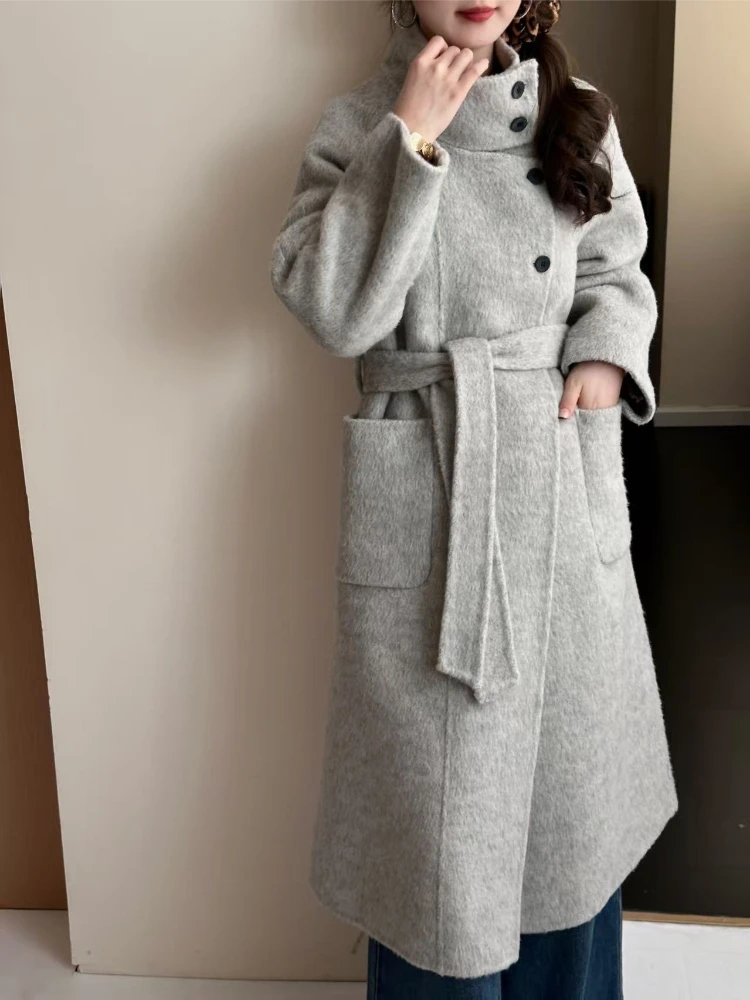 Women Elegant Long Woolen Coat Casual Stand Collar Lace-Up High Quality Overcoat 2026 Winter Double-Breasted Wool Maxi Overcoat
