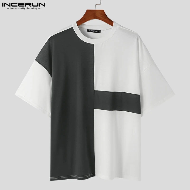 INCERUN Men T Shirt Patchwork O-neck Short Sleeve Loose Korean Style Men Clothing Streetwear 2024 Fashion Casual Tee Tops S-5XL