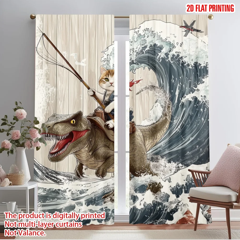 2pcs,2D plane printing Popular Curtains Cat Surferaptor Polyester (without rod) Festive Ldeal for Bedroom and Various Room Types
