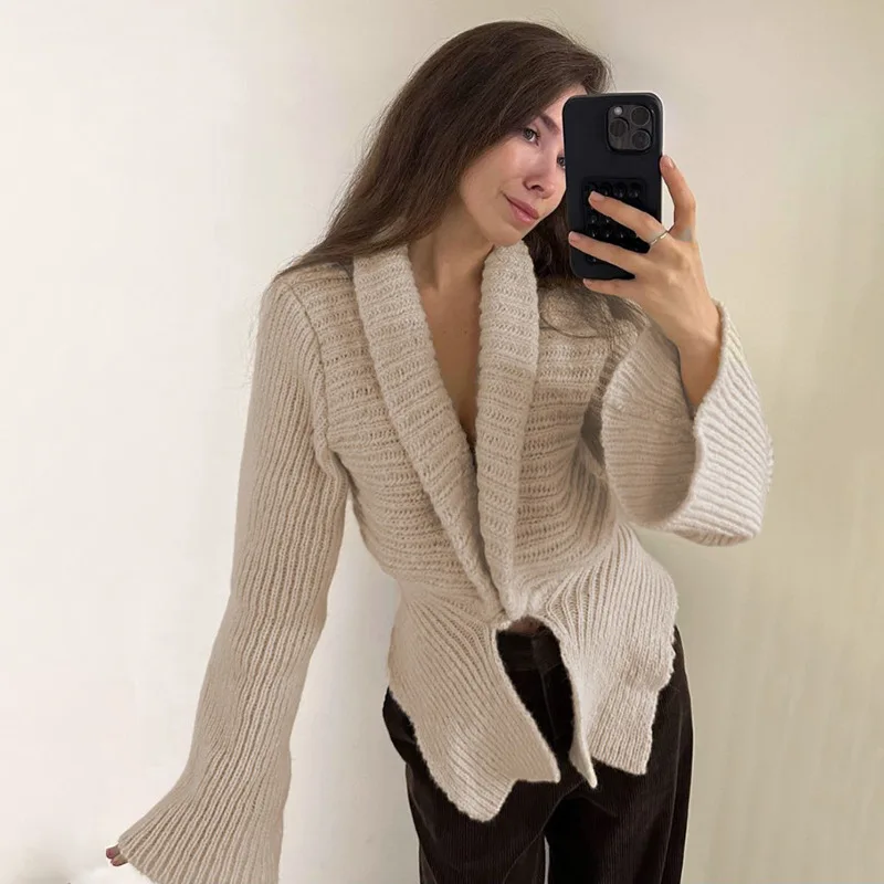 Winter Women Sweater Cardigan Jacket Autumn Fall Deep V-Neck Sexy Hollow Loose Beige Outfit One Button Coat