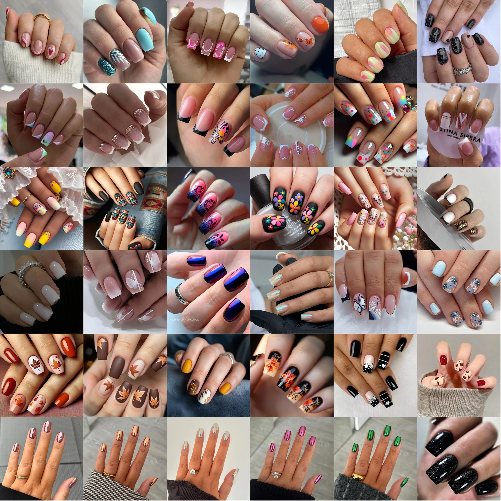 96Pcs Random Mixed‑Color Press On Nails Set Transparent Nails Mixed Styles With Colorful Patterns Stripe Gradient Floral Design