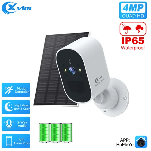 XVIM 4MP Cámara de seguridad solar WiFi inalámbrico 4MP Cámara alimentada por batería solar HD Protección de vigilancia del hogar