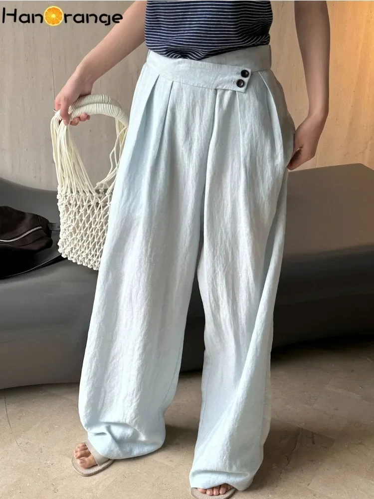 

HanOrange 2025 Summer Lyocell Linen Diagonal Front Pants Women Light Thin Breathable Loose Wide Leg Trousers White/Blue
