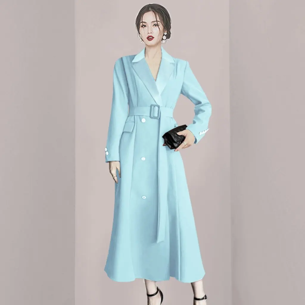 

Women's Light Color Double-Breasted Slim Fit Trench Coat Lace-Up Waist Spring Autumn New Socialite Style Long Dress Coat