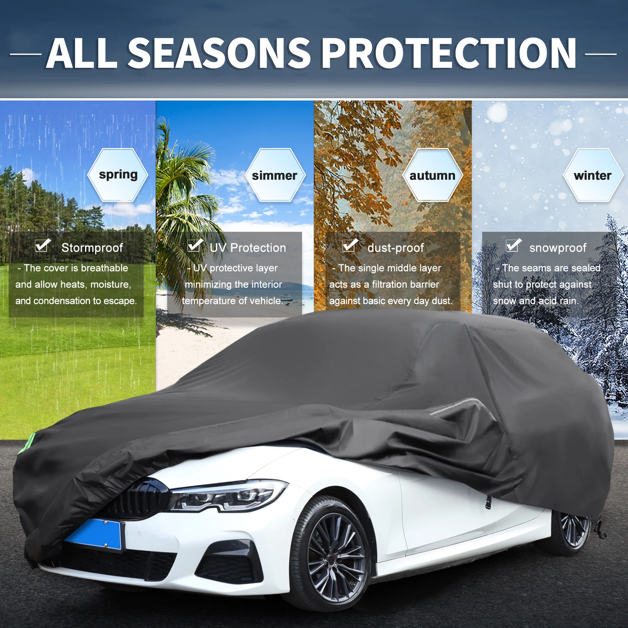 UXCELL 210D-PU cubierta Universal impermeable para coche con hebilla a prueba de viento bolsillos para espejo sol lluvia nieve polvo protección UV cubiertas para sedán