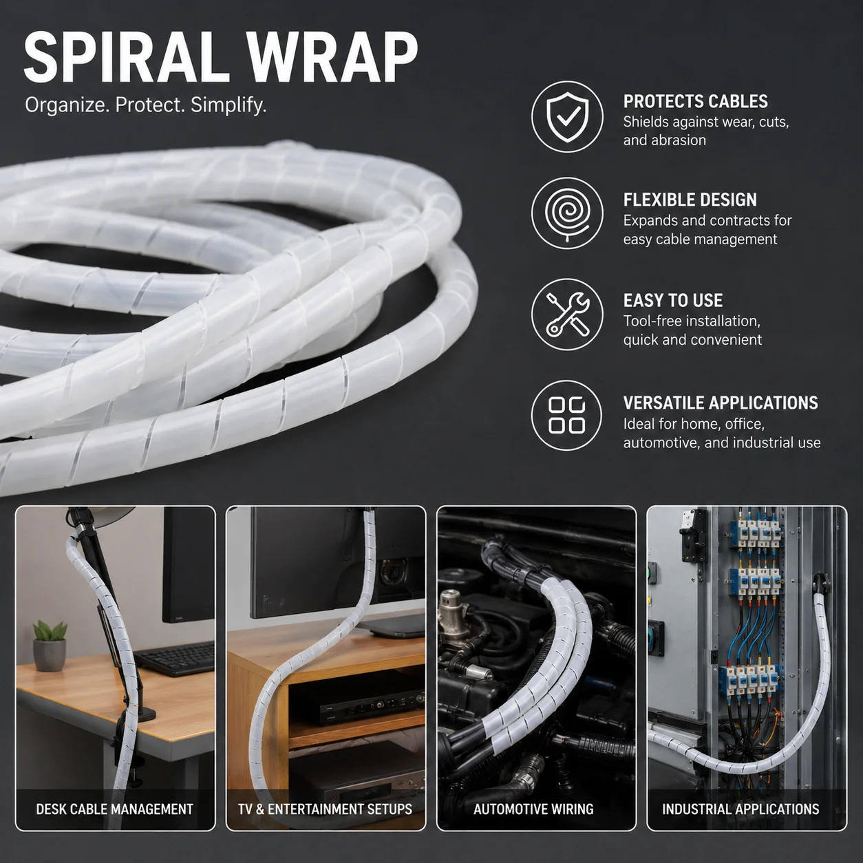 A Pack of Wear-resistant White PE Spiral Wound Sleeve, with an Inner Diameter of 4-30mm, Corrosion-resistant and Tear Resistant