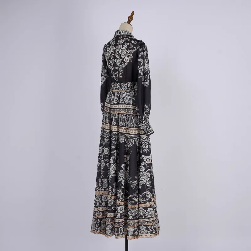 Slim Fit Lungo Sve Bla Floral Dr Set Faion da donna Primavera Estate Autunno Gonna Gored in poliestere Collo alto Maxi Dr