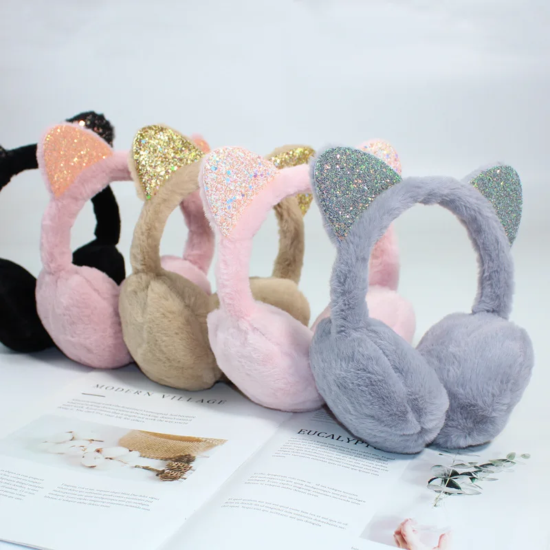 New Cute Sequin Cat Ear Earmuffs Student Ear Warm Cover Outdoor Ear Protection Thickened Winter Female Plush Folding Earflap