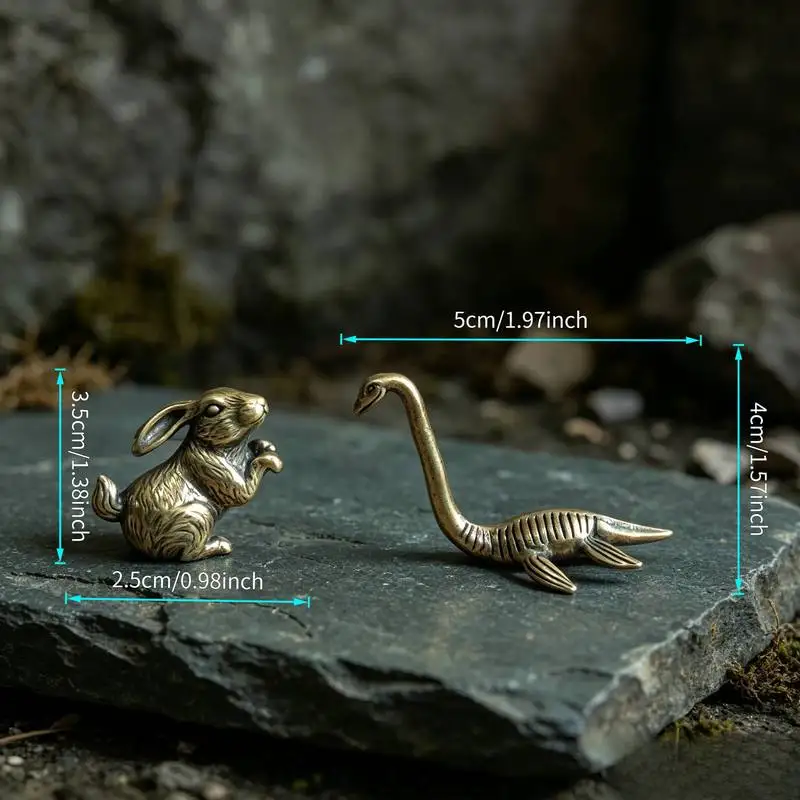 Premium Brass Animal Statue Set 1 Rabbit 1 Long Neck Aquatic Dinosaur Fine Handcrafted Desk Decorations Luxury Home Office Table
