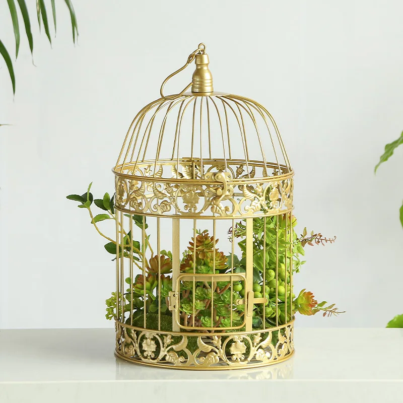 Gold Bird Cage Ornaments Iron Art Hotel Living Room Metal Bird Cage European Wedding Window Props