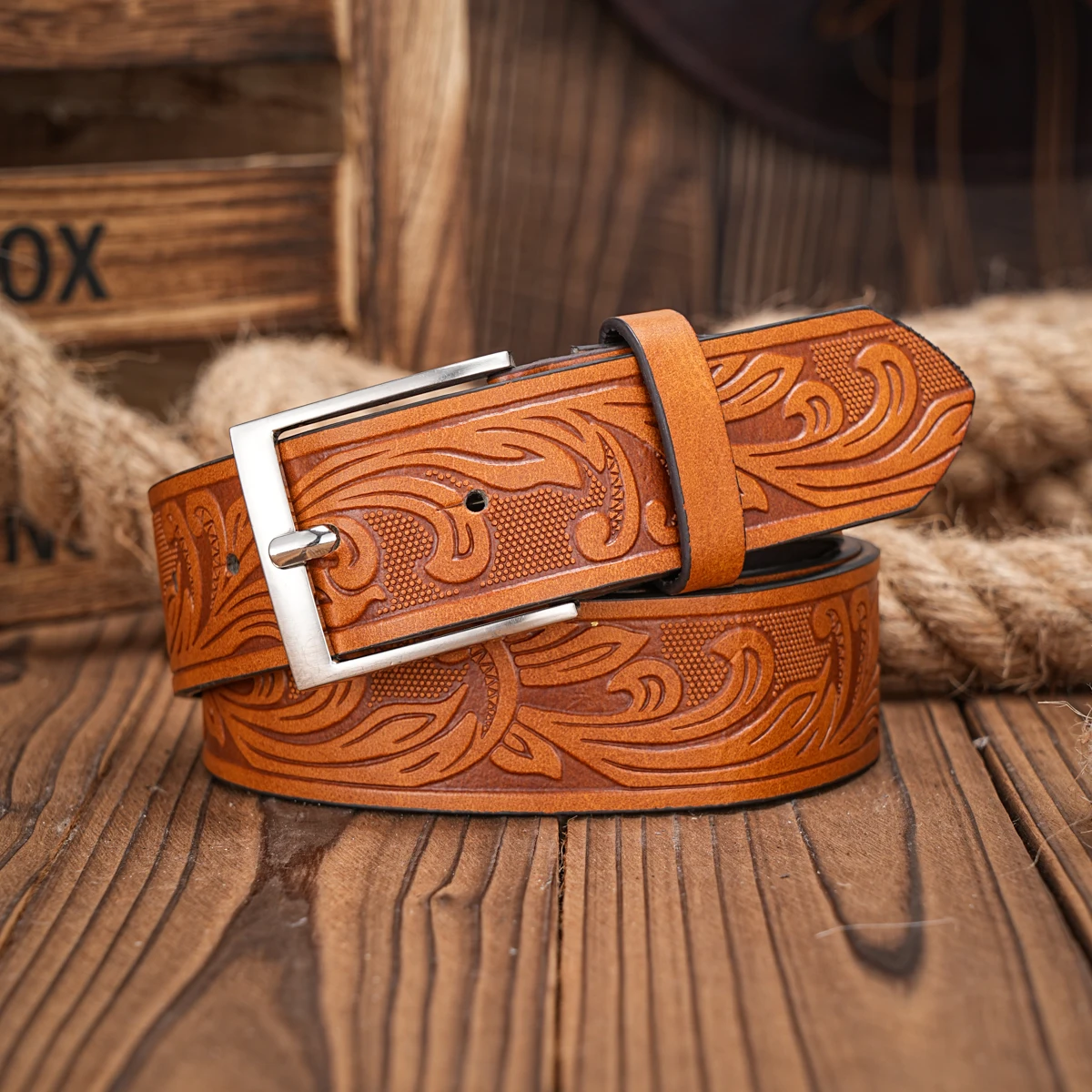 Western Cowboy PU Leather Belt - Men Waist Strap Bull Decoration Floral Engraved for Jeans