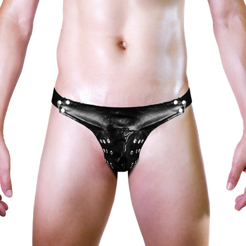 Mens Sexy Underwear Faux Leather Metal Studded Thong Briefs Backless Open Buttocks Jockstrap Underpants Tie Erotic Lingerie