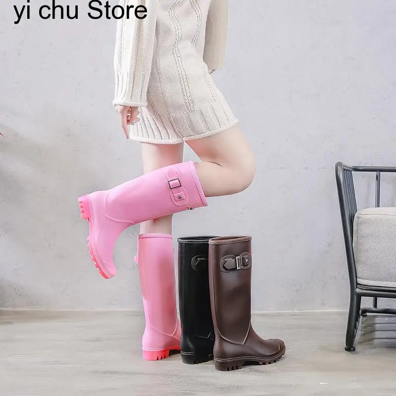 

New Fashion Women Shoes Punk Style Heel Riding Boots Slip on Shoes Knight Tall Boots Women Rain Boots Large Size 41