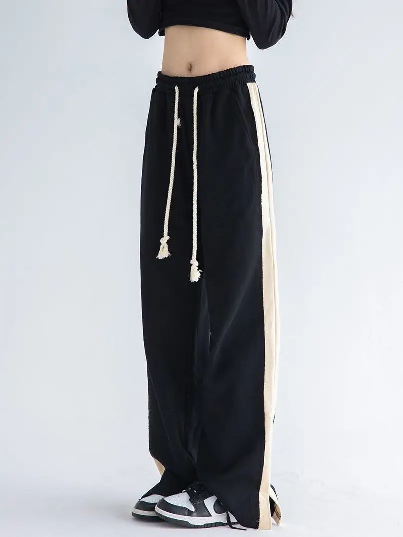 Streetwear Fashion Female High Waist Wide Leg Split Sports Pants Vintage Patchwork Solid Color Drawstring Floor Length Trousers