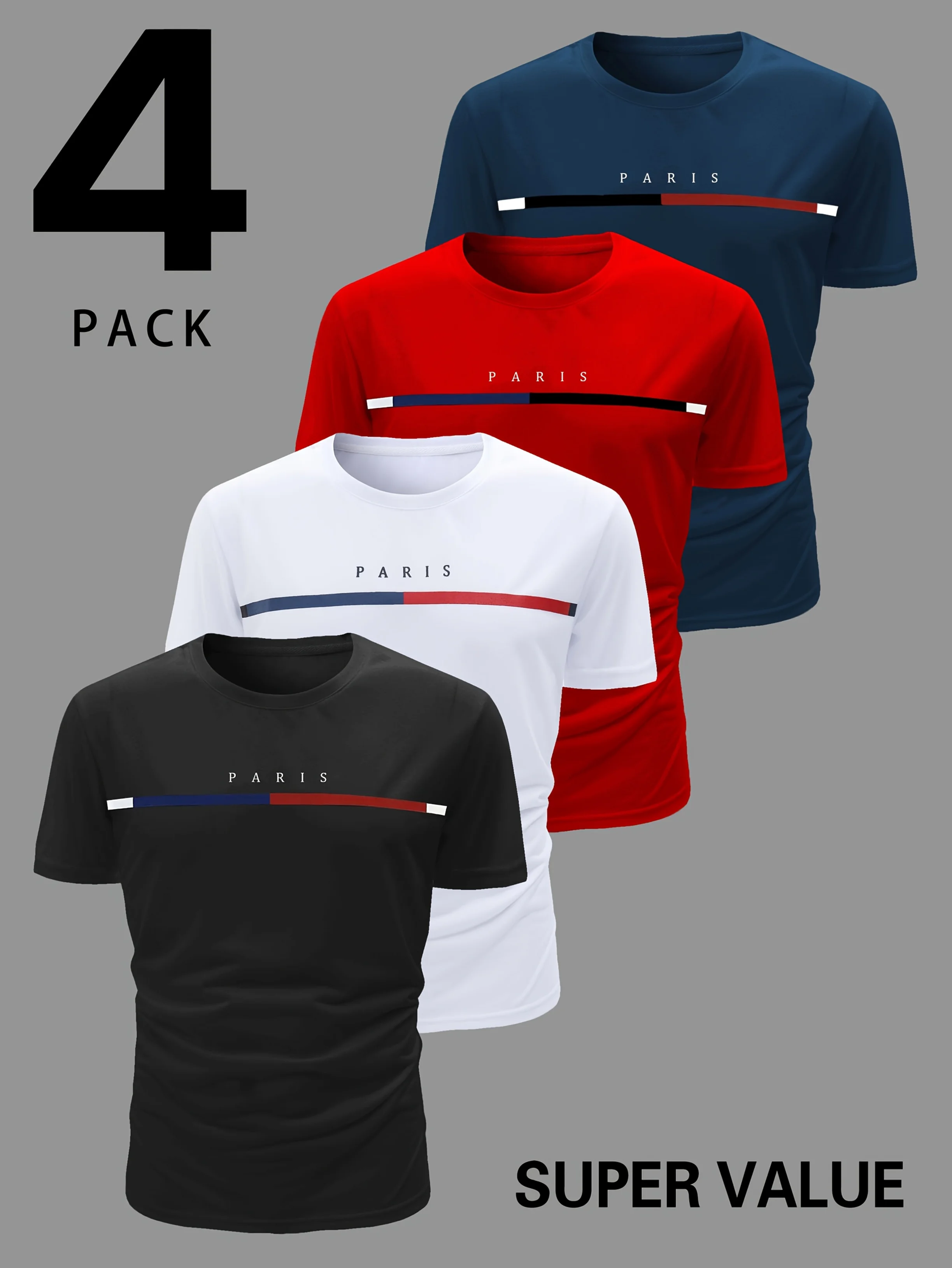 

[Value Multi-Color Four-Piece Set] Men's Spring, Summer, and Autumn 'PARIS' Letter Color-Block Stripe Print Short Sleeve Crew Ne