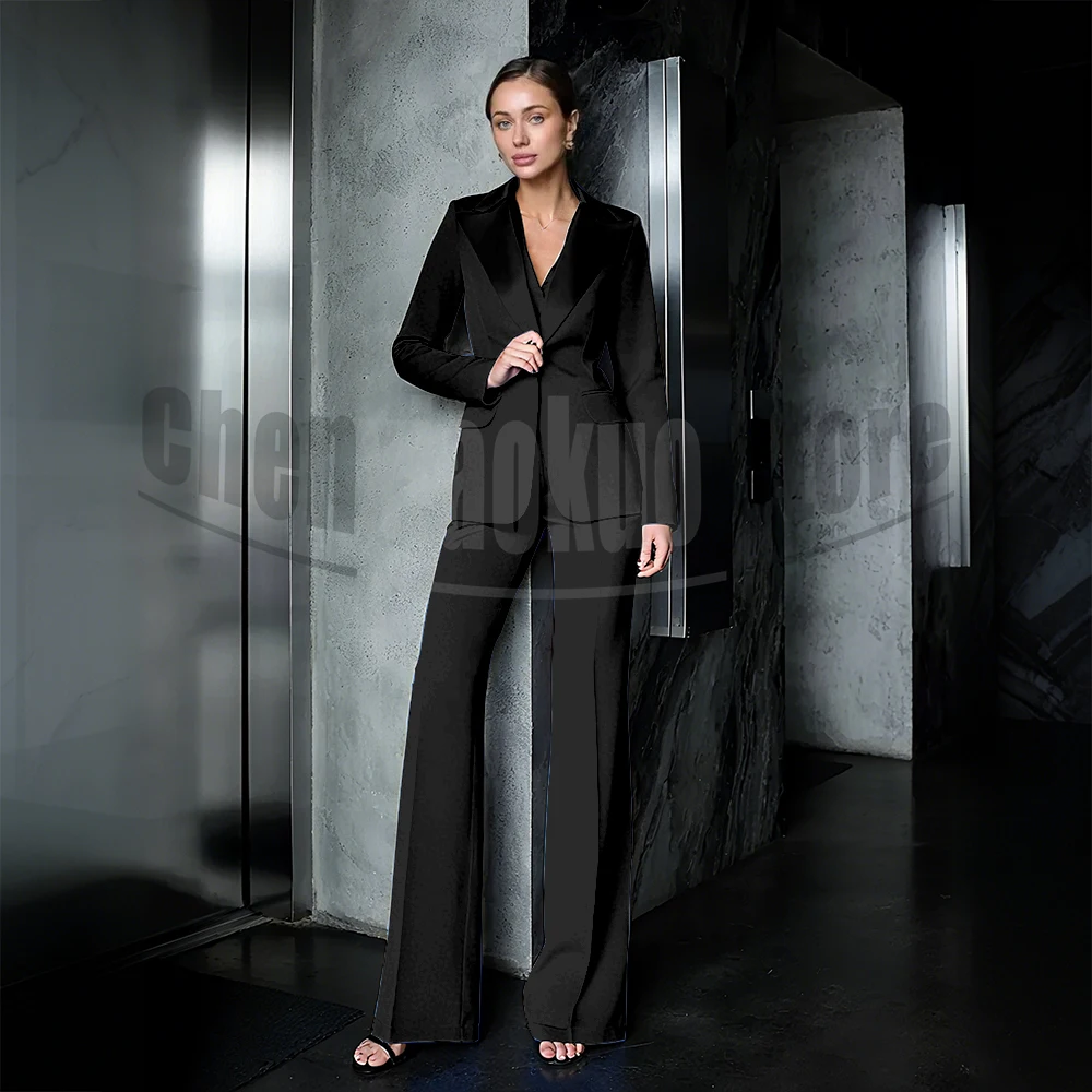 Blue Women Suits 3 Piece Satin Peak Lapel Single Button Female Suit Fashion Daily Office Lady Pants Sets (Blazer+Pants+Vest)