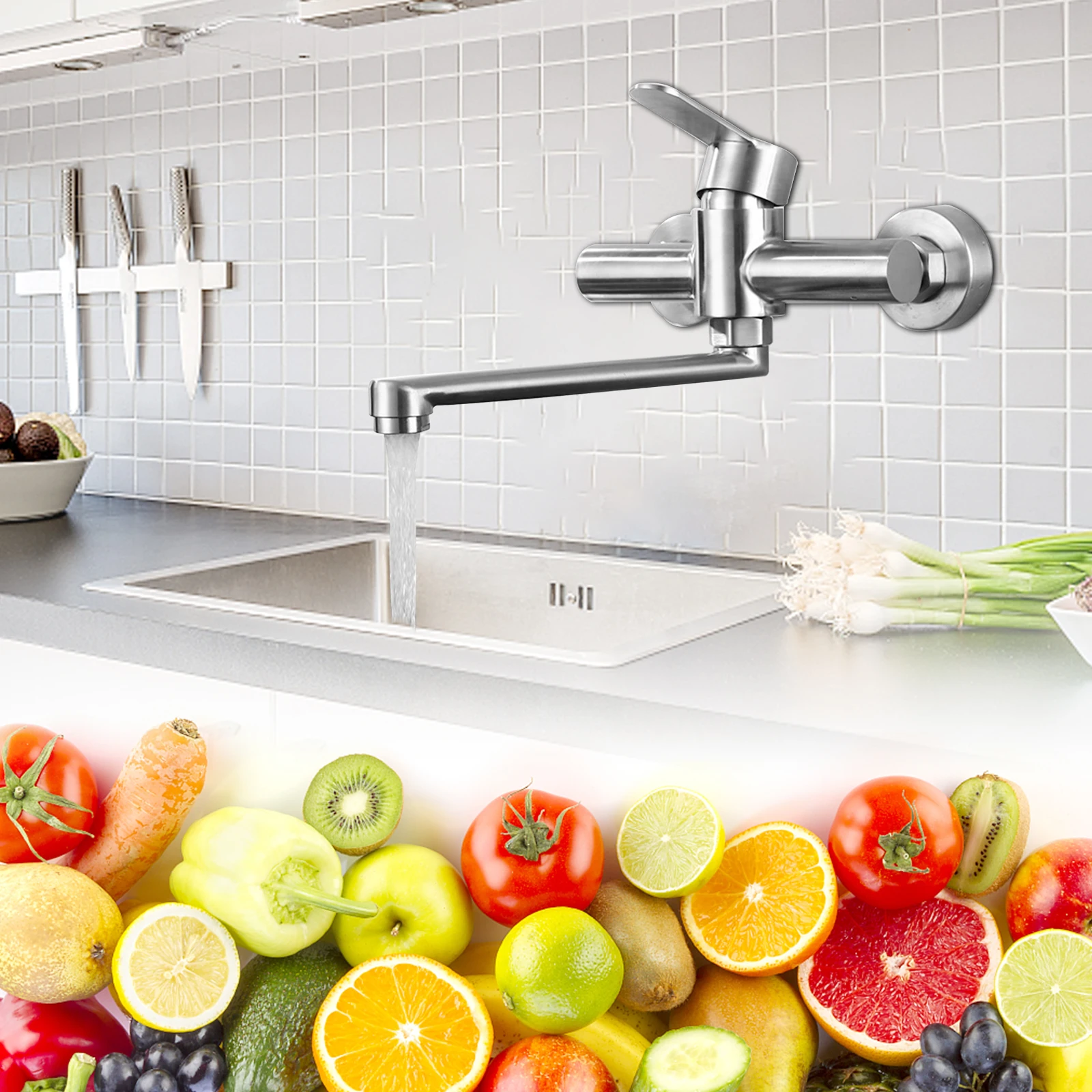 360° Rotatable Wall-Mounted Mixer Tap 304 Stainless Steel Kitchen Tap
