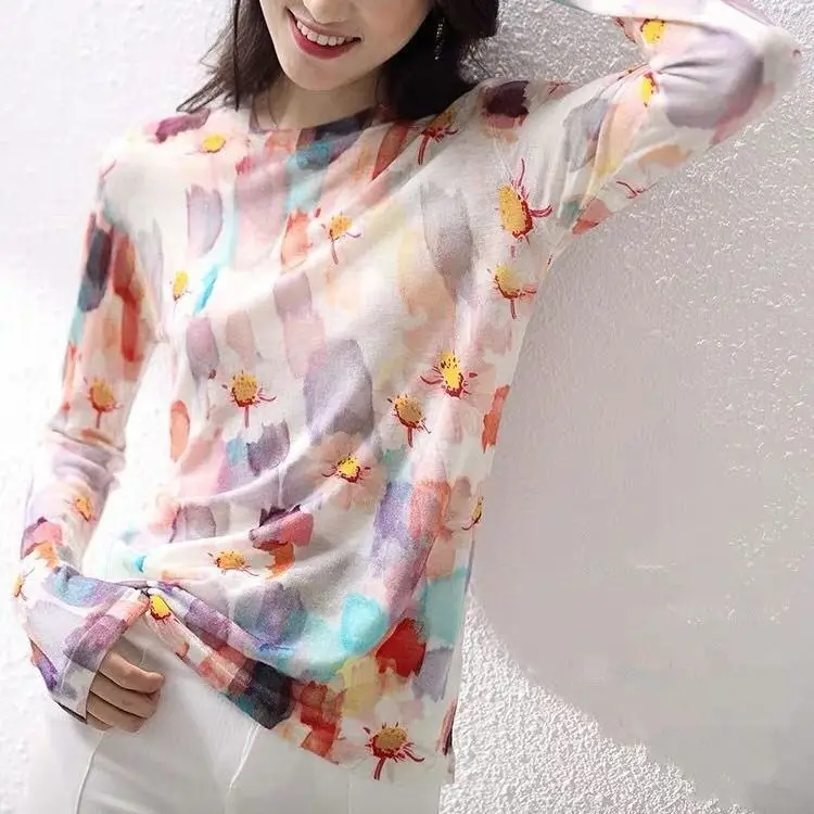 

Весенне-осенняя модная женская футболка с длинным рукавом с принтом