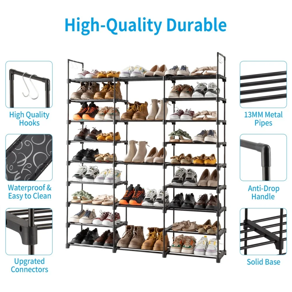 9 Tiers Shoe Rack Storage Organizer Metal Shoe Rack With Side Hooks 50 Pairs Stackable 3 Rows Shoes Shelf Storage For Entryway